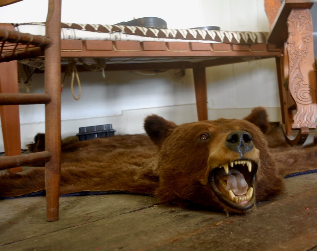 Boronda Adobe sala with bearskin rug